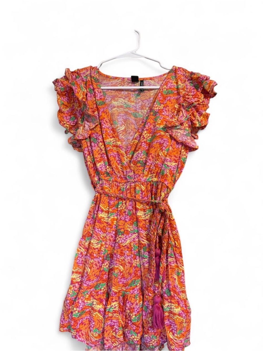 Vibrant Orange Floral Wrap Dress with Ruffle Sleeves